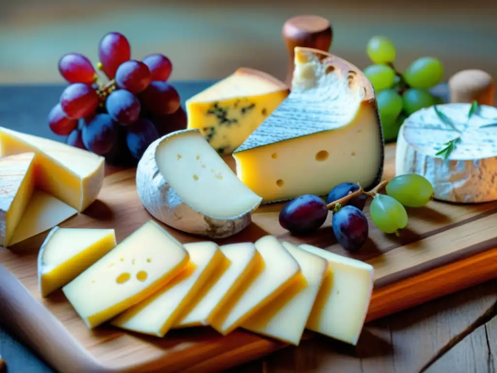 Un exquisito tablero de quesos franceses con frutas y galletas artesanales