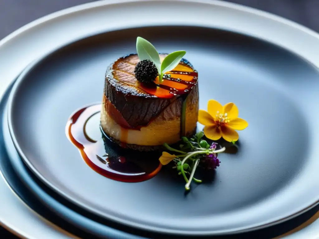 Un exquisito Tournedos Rossini con ingredientes lujosos, presentado de manera elegante sobre un plato blanco, resaltando su belleza culinaria