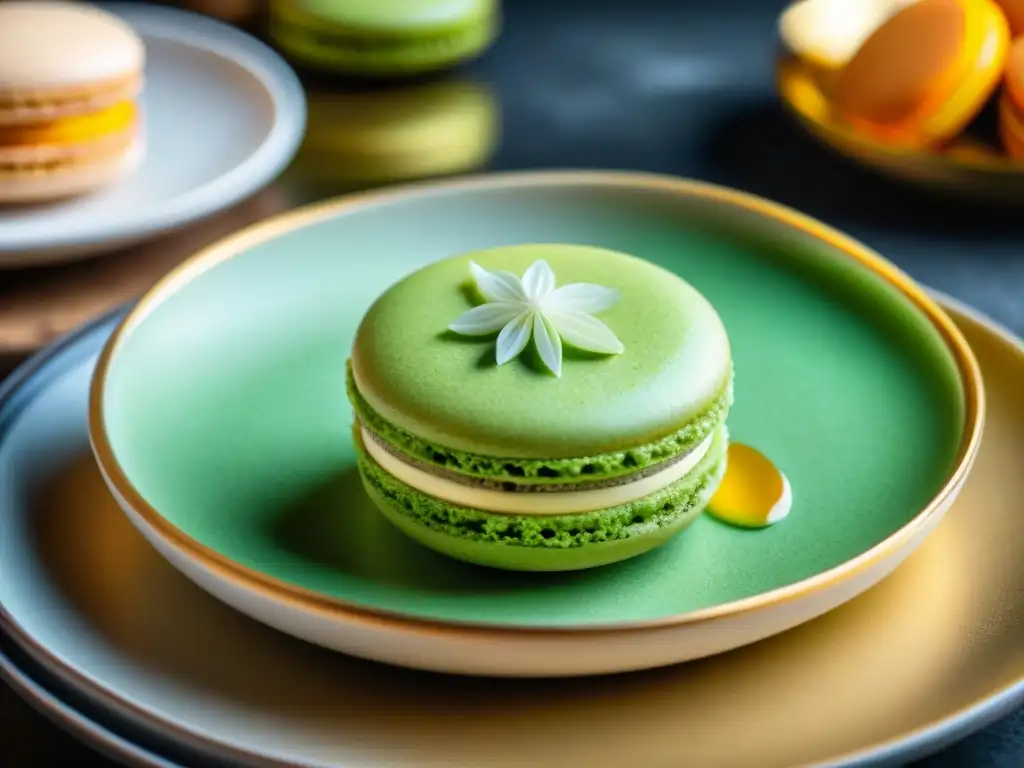 Exquisito macaron verde con té sobre plato decorado, fusionando la armonía gastronómica entre Francia y Asia