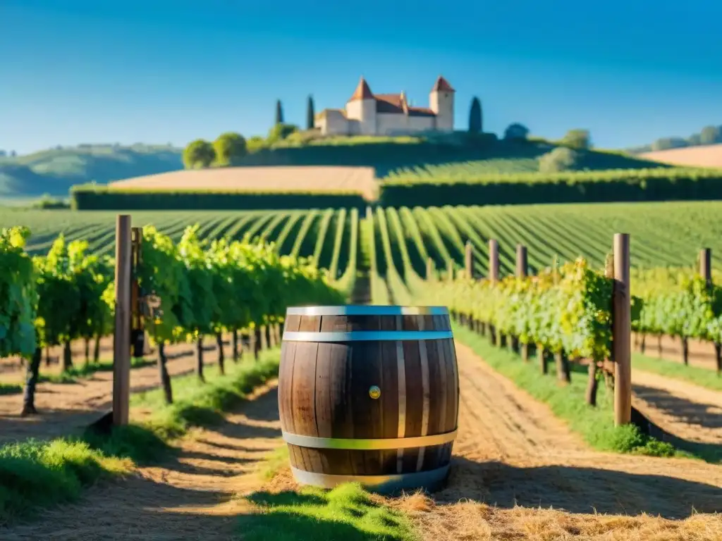 Un exquisito viñedo en Aquitania, Francia, con barril de uvas frescas y castillo histórico