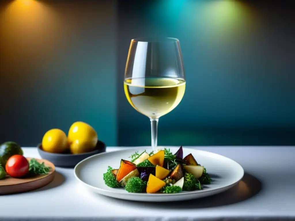 Un exquisito vino blanco francés maridaje platillo junto a vibrantes platillos vegetarianos en elegante mesa