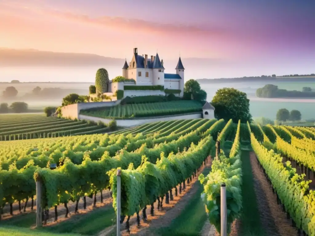 Vinedos exquisitos al atardecer en el Valle del Loira, con uvas brillantes y un chateau francés de fondo