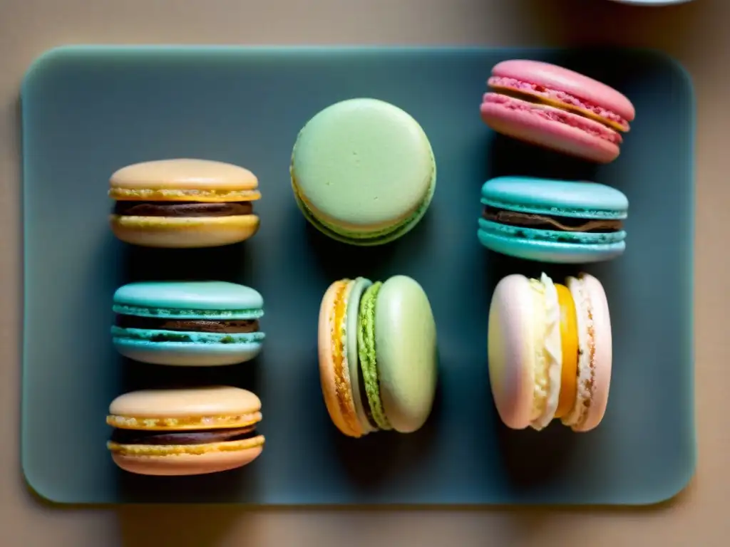 Exquisitos macarons franceses en tapete de silicona, mostrando sus colores vibrantes y delicados detalles de horneado