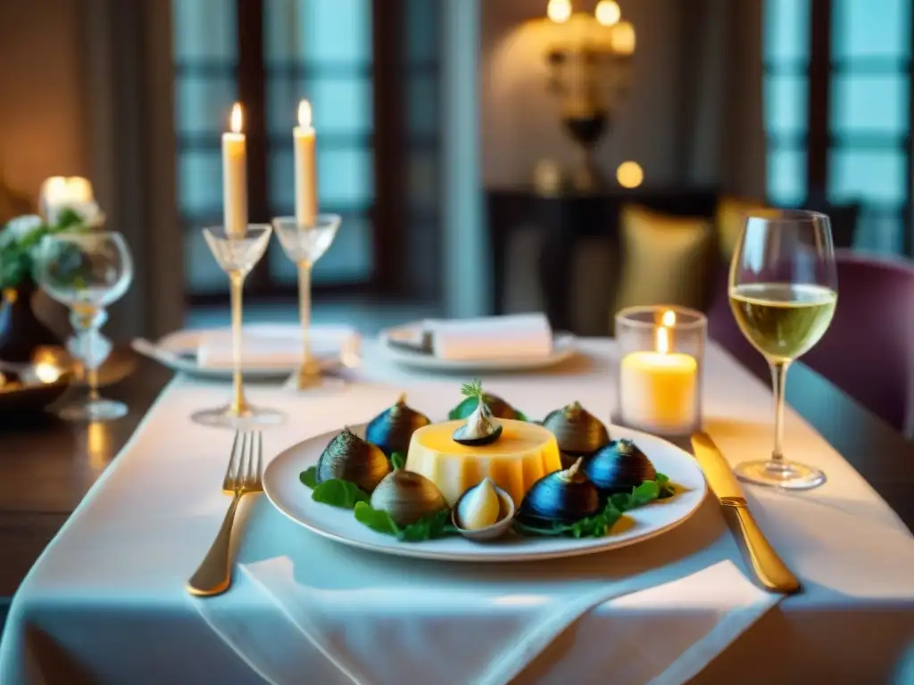 Exquisitos maridajes ideales en gastronomía francesa en una elegante mesa francesa con escargot, foie gras y tabla de quesos