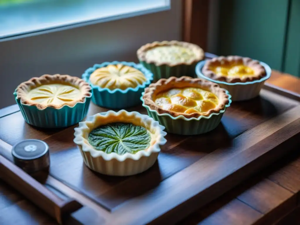 Exquisitos moldes para tartas francesas en variados materiales sobre mesa rústica