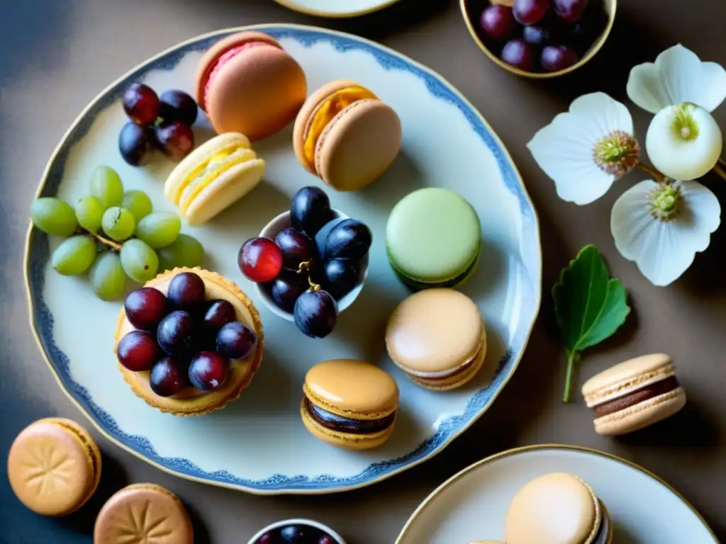 Exquisitos postres franceses en la dieta: macarons, éclairs y tarte Tatin, rodeados de frutas frescas en un ambiente mediterráneo rústico