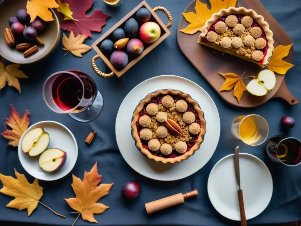 Exquisitos postres de otoño y vinos franceses en mesa rústica con ambiente acogedor