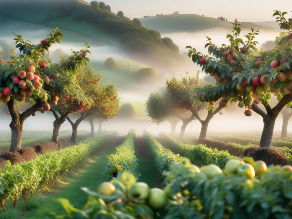 Un exuberante huerto francés al amanecer con árboles cargados de Manzanas de Bretaña y peras de Anjou