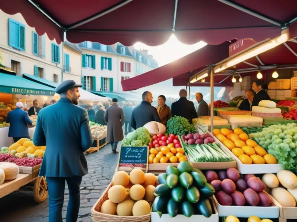 Exuberante mercado al aire libre en Francia con una vibrante atmósfera comunitaria y productos frescos