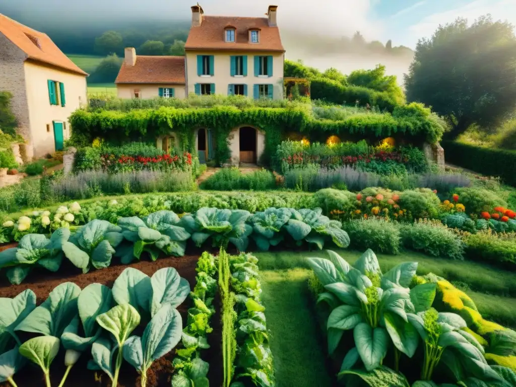 Un exuberante jardín permacultural en Francia con verduras, hierbas y frutas coloridas