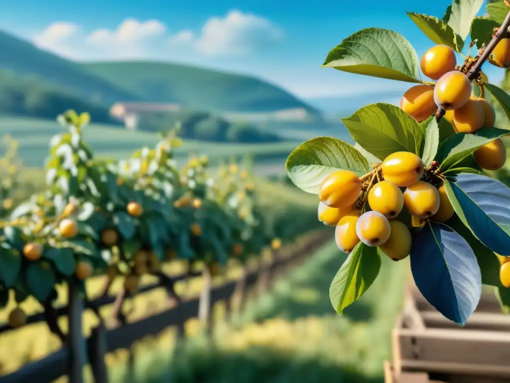 Una exuberante plantación de ciruelas Mirabelle en Lorraine, Francia, con auténticas delicias Mirabelles de Lorraine