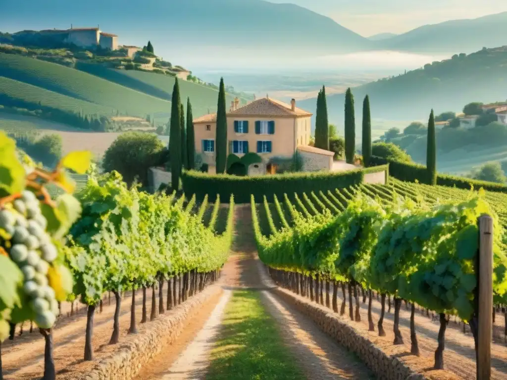 Viñedos exuberantes en Provence, Francia, bañados por la cálida luz del sol