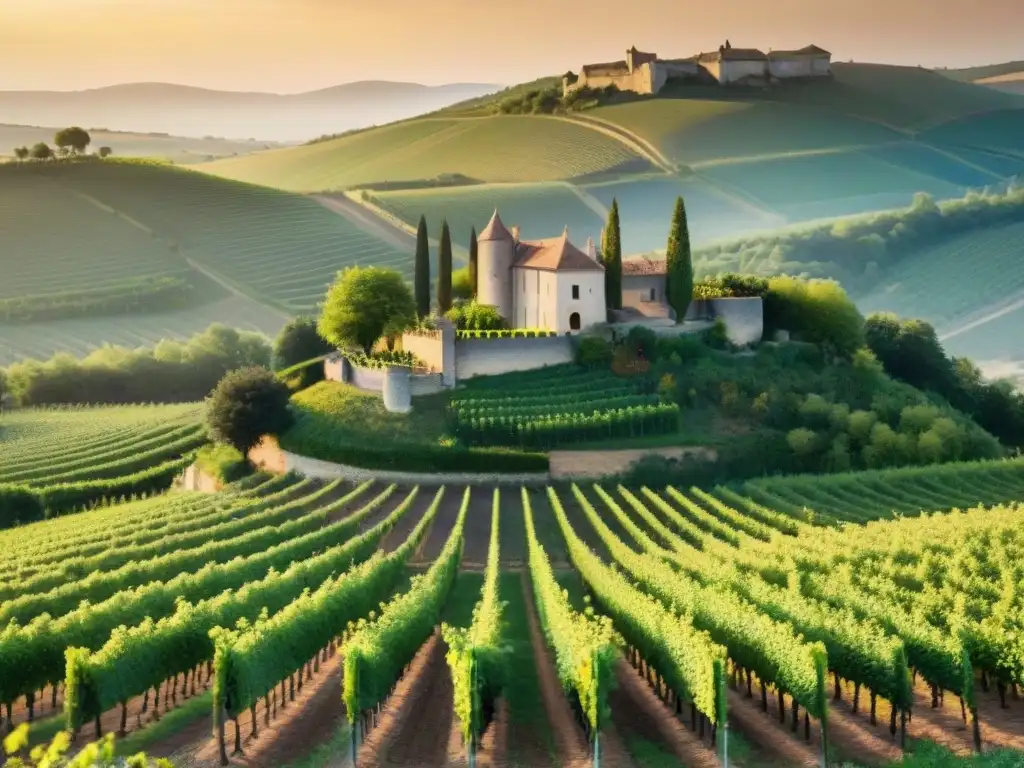 Viñedos exuberantes y chateau en Suroeste francés, bajo el sol dorado