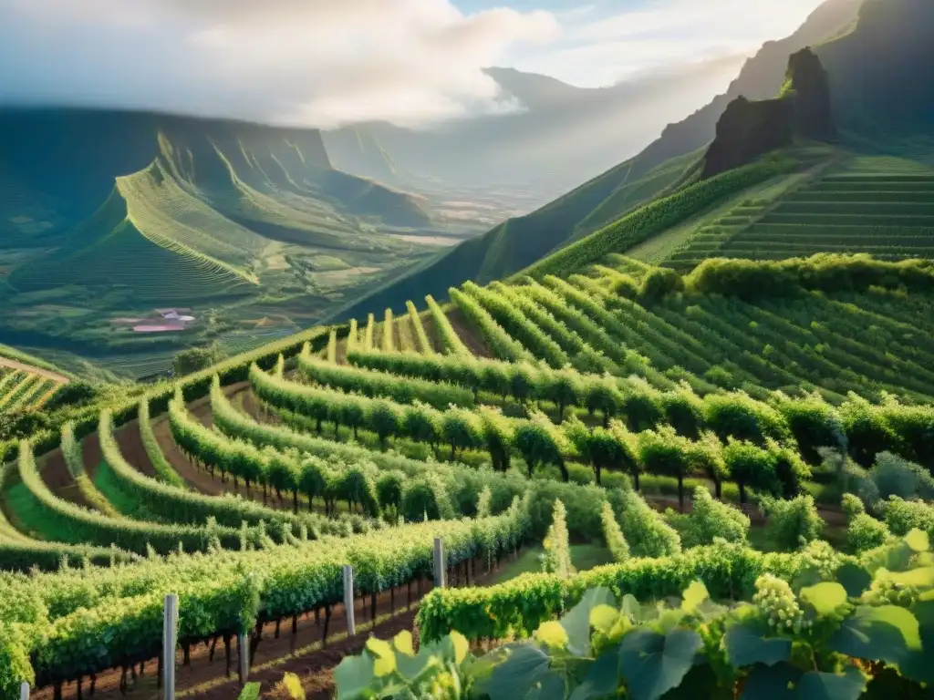 Viñedos exuberantes en colinas de Reunión con uvas maduras bajo el sol, y el volcán Piton des Neiges al fondo