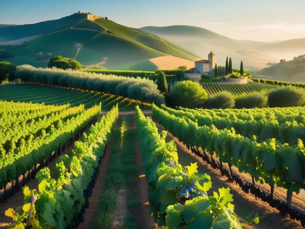 Viñedos exuberantes al amanecer en Languedoc-Rosellón, con uvas maduras y un château francés