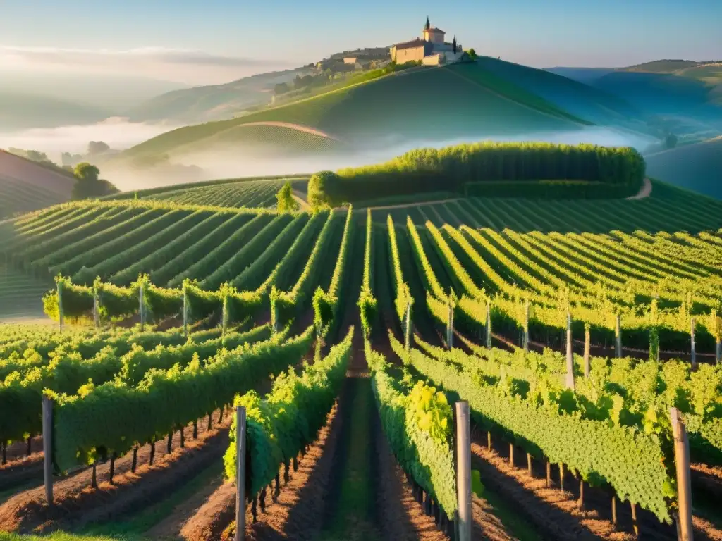 Viñedos exuberantes del Valle del Ródano al amanecer, con la neblina matutina y sombras intrincadas