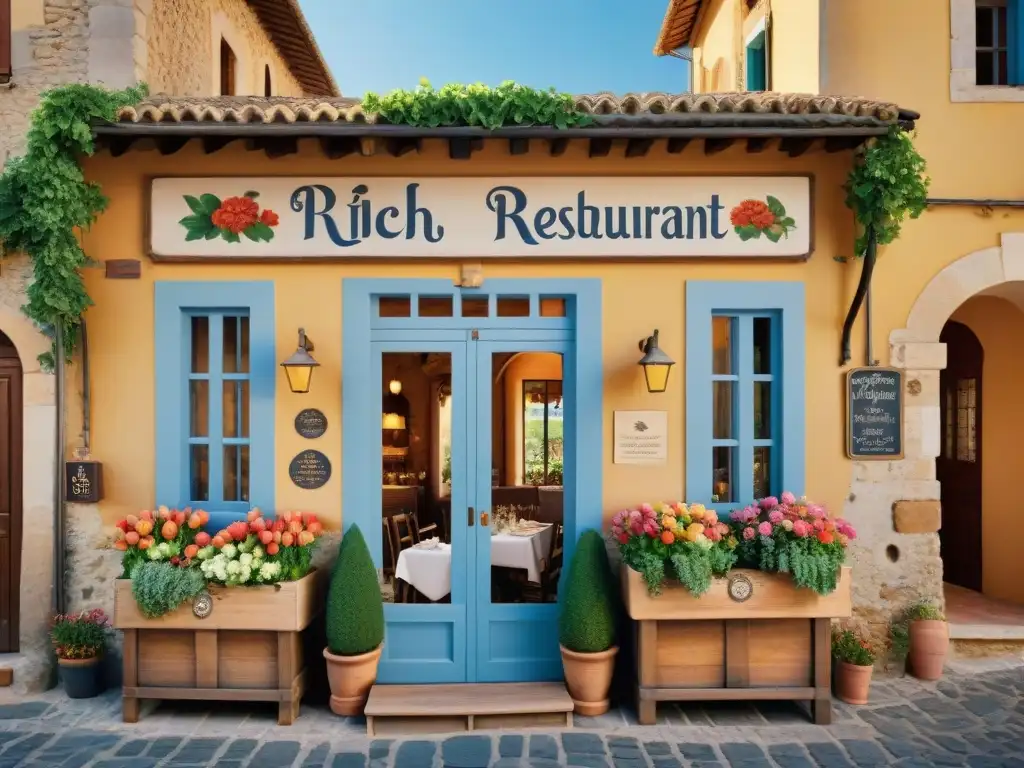 Fachada rústica de restaurante Provenzal con flores, viñedos y cielo azul