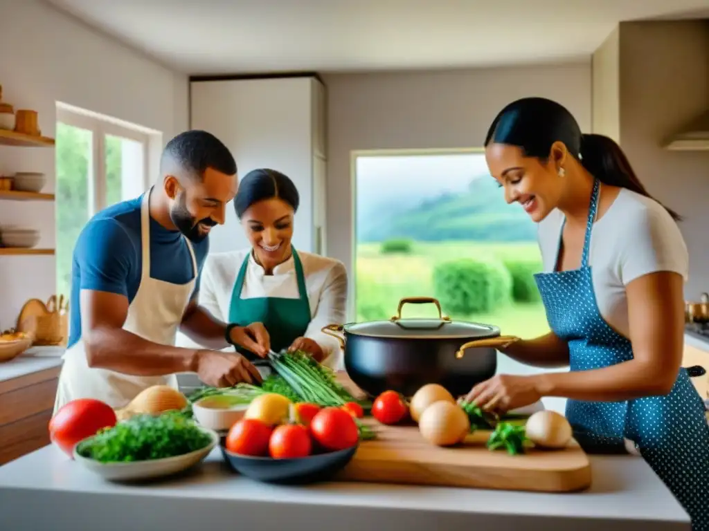 Una familia diversa disfruta cocinando juntos en una cocina francesa tradicional, rodeados de ingredientes frescos y utensilios de cocina