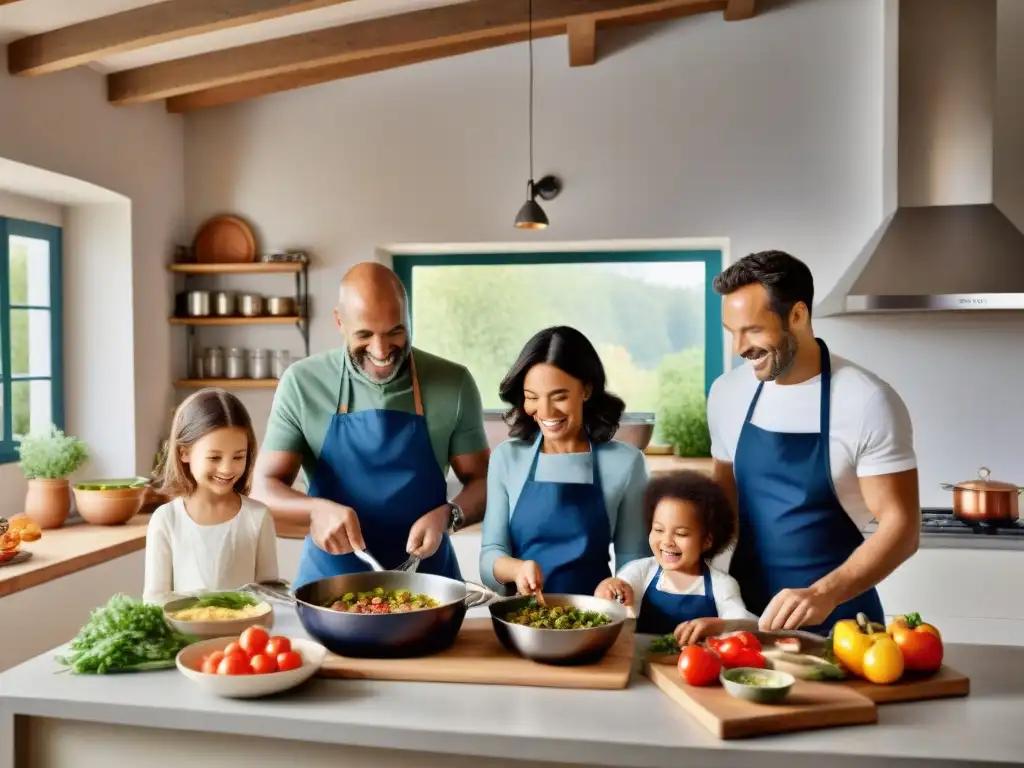 Una familia francesa cocina feliz en casa, enseñando recetas tradicionales