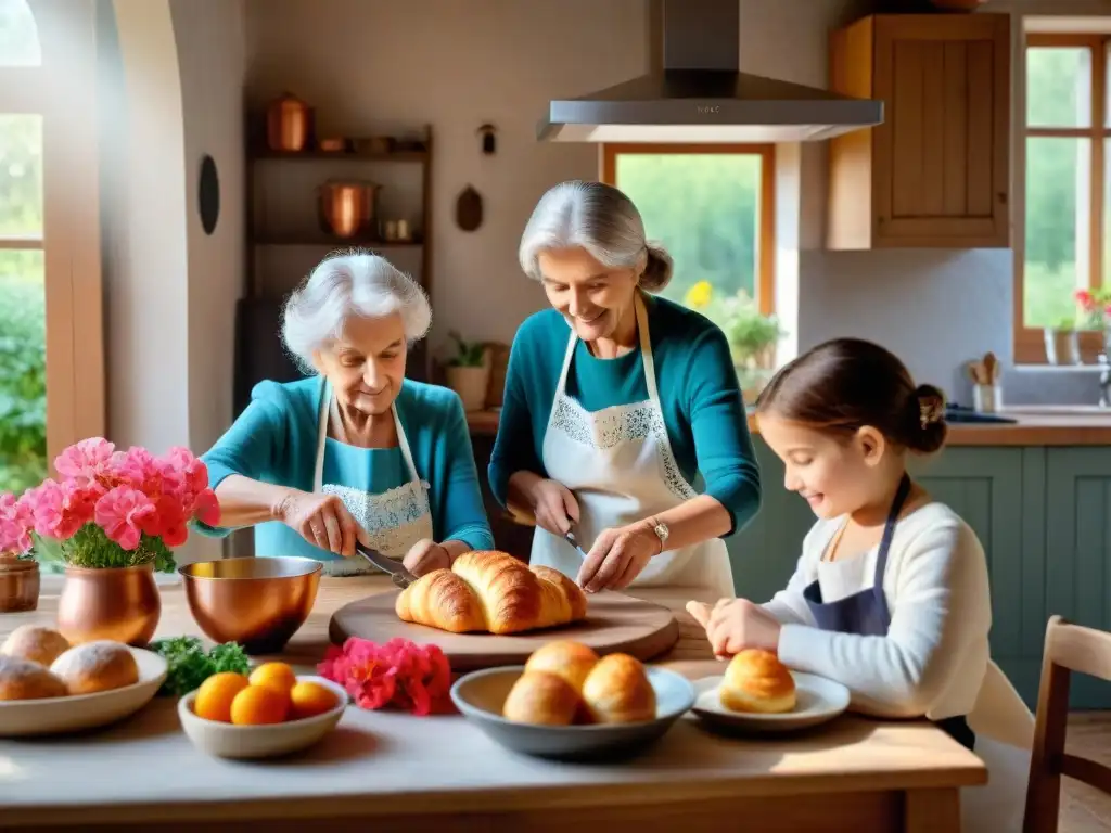 Una familia francesa multigeneracional disfruta de talleres de cocina francesa en familia en una cocina acogedora y llena de luz de la tarde