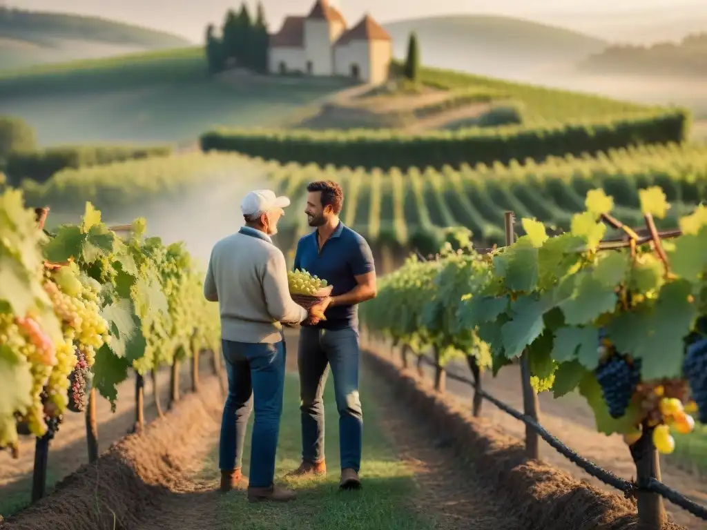 Una familia francesa multigeneracional cosechando uvas al amanecer en viñedo, mostrando la tradición en la industria del vino francés