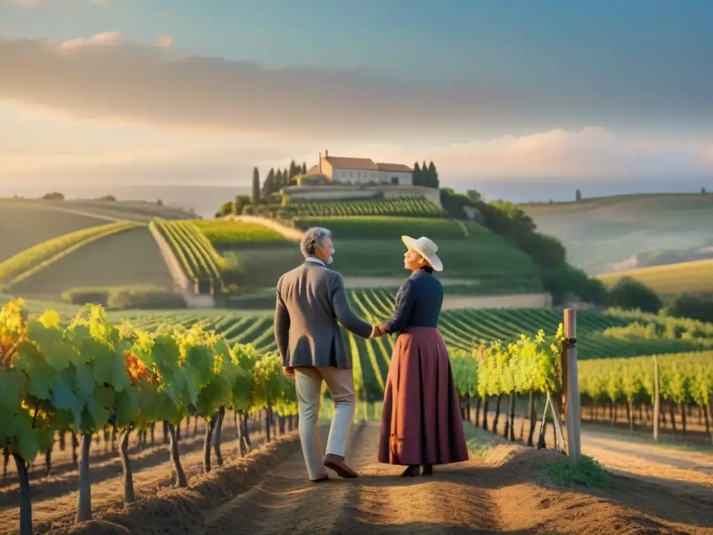 Una familia francesa de viticultores, orgullosos en su viñedo centenario al atardecer