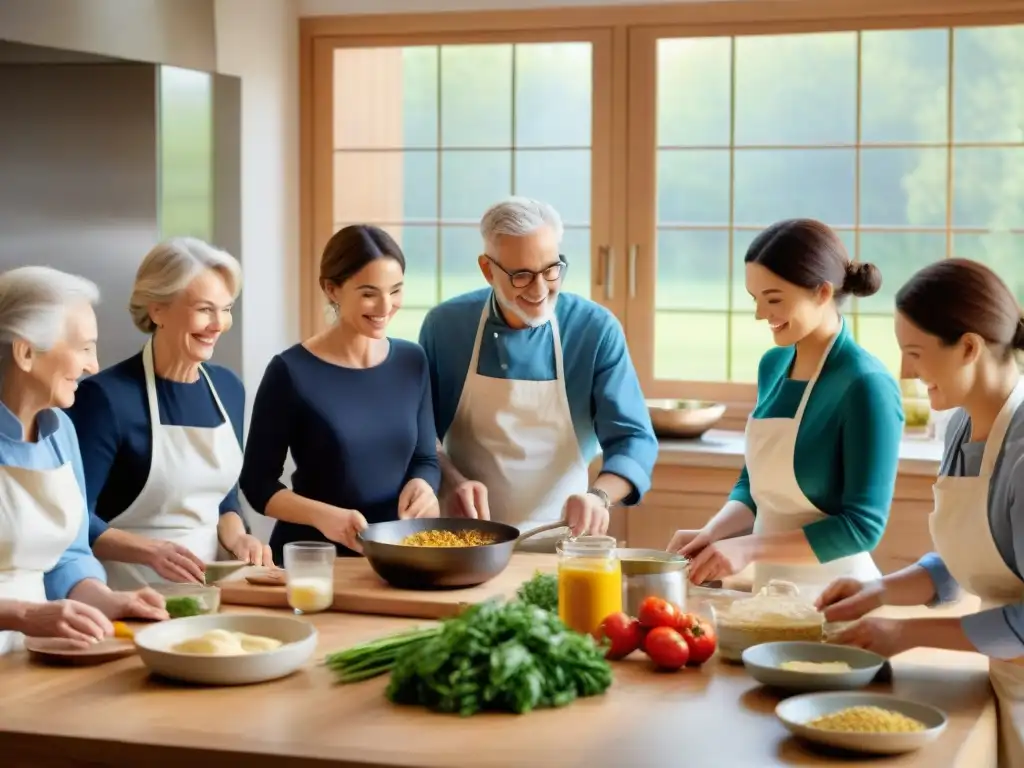 Una familia multigeneracional disfruta de un taller de cocina francesa en casa, rodeados de ingredientes y sonrisas