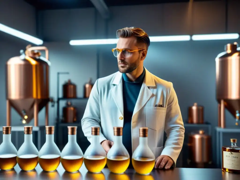 Fascinante destilería moderna en Francia: destilador inspecciona líquido dorado en laboratorio, destiladoras emiten vapor