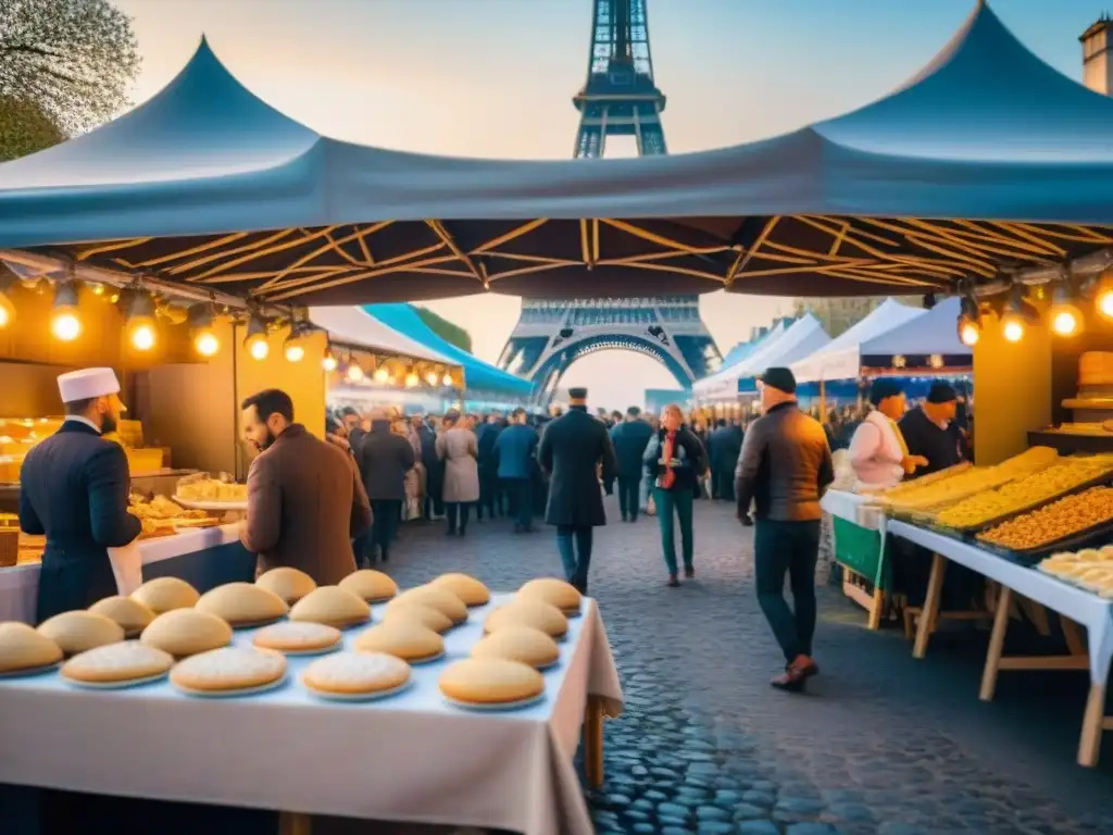 Feria de comida callejera en Francia con chefs preparando crepes y escargot, luces decorativas y la Torre Eiffel al fondo