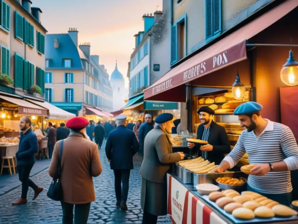 Ferias de comida callejera en Francia: Escena animada de calles francesas con puestos de comida tradicional y clientes disfrutando