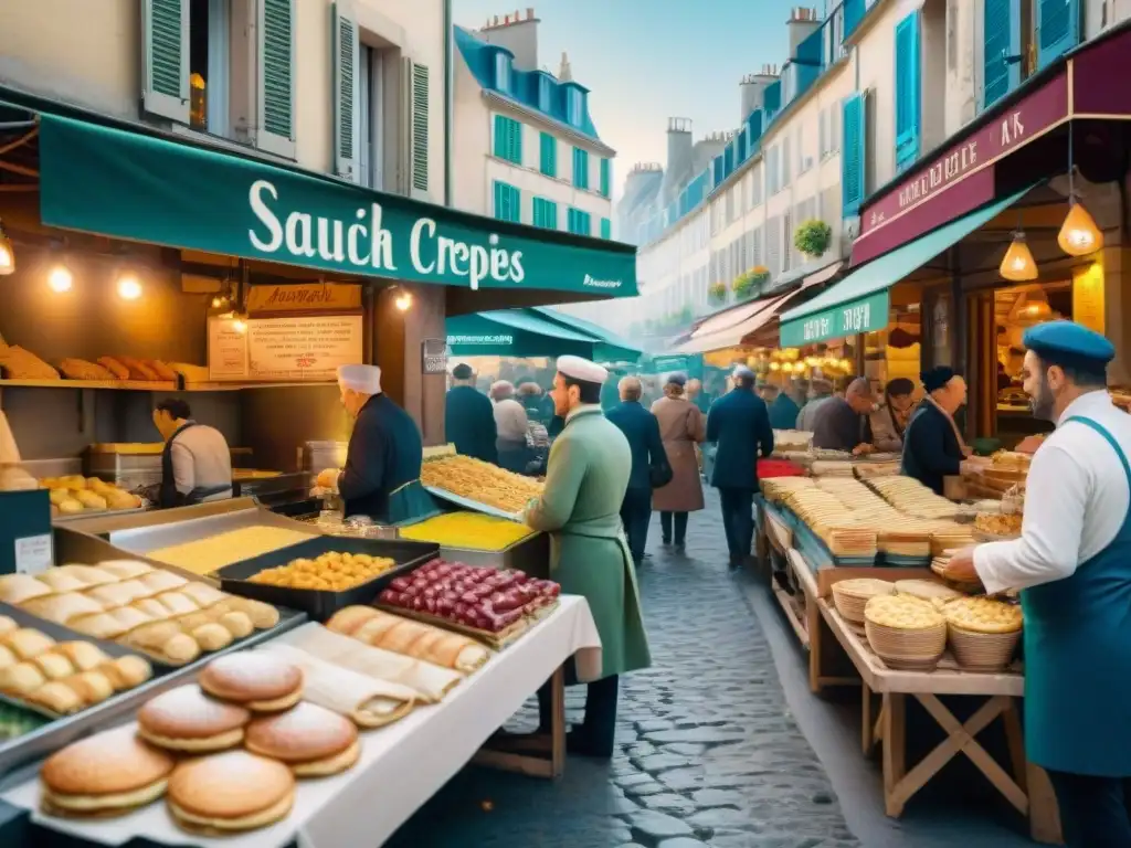 Ferias de comida callejera en Francia: bullicio de coloridos puestos de crepes y baguettes, gente probando delicias francesas