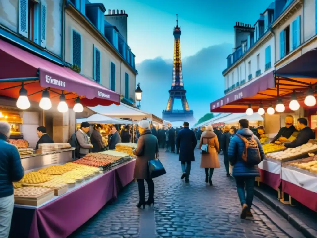 Ferias de comida callejera Francia: Bulliciosa calle francesa con puestos de comida coloridos y deliciosos, turistas y locales disfrutando