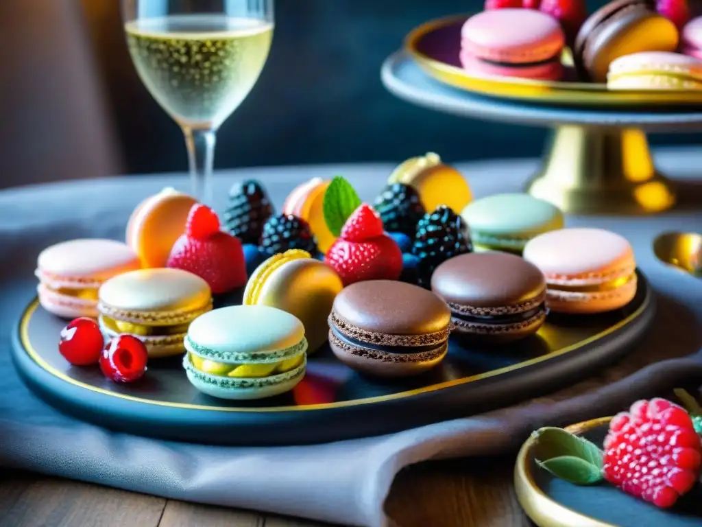 Un festín decadente de postres franceses: macarons, tartas de frutas y mousse de chocolate, perfecto para maridajes franceses para cenas románticas