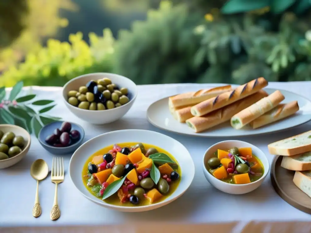 Mesa gourmet: fusión franco-mediterránea Un festín elegante fusionando la gastronomía francesa y la Dieta Mediterránea en un jardín soleado, evocando sofisticación y frescura
