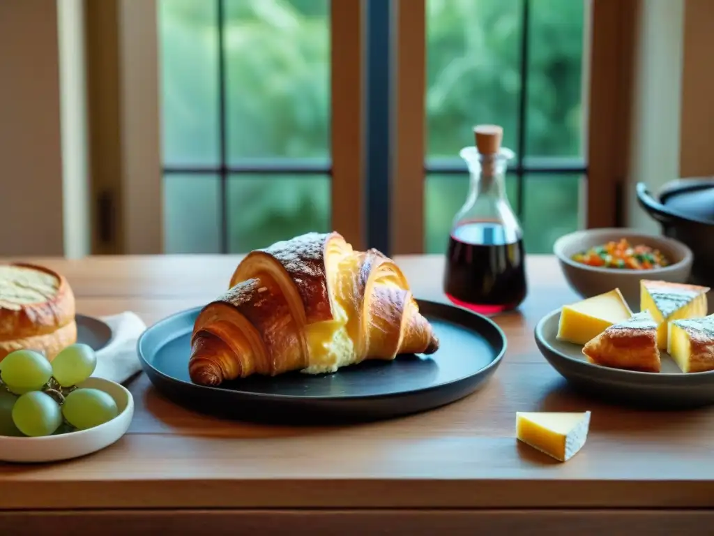 Un festín francés en una mesa rústica: croissant dorado, ratatouille, quesos artesanales y vino Bordeaux