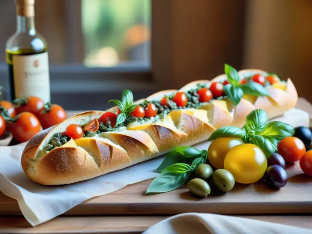 Un festín fresco y colorido de panes franceses y ingredientes mediterráneos