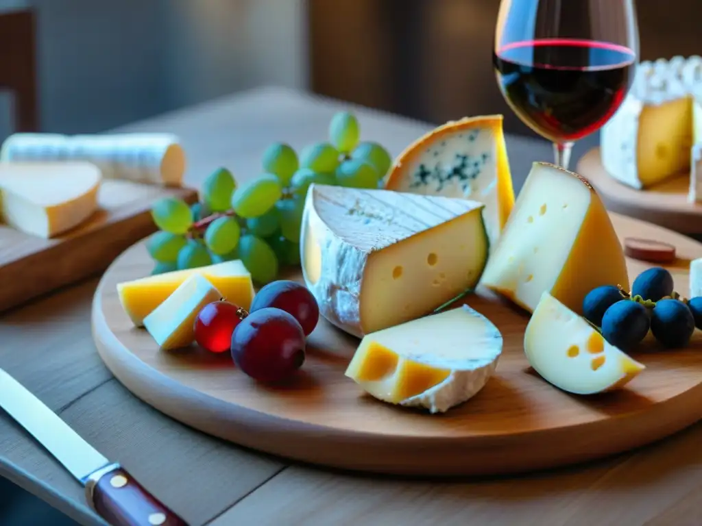 Un festín de gastronomía francesa en un bistró de Aviñón: quesos artesanales y vinos en una tabla de madera