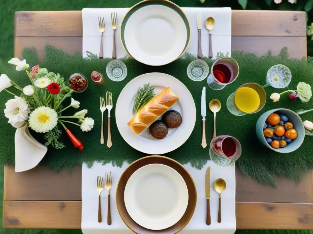 Un festín impresionista francés: mesa rústica adornada con delicatessen francesas y vajilla vintage en un jardín exuberante