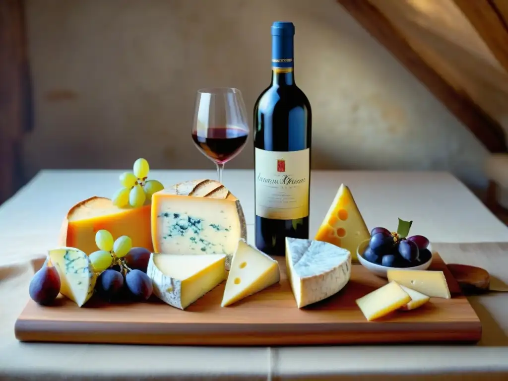 Un festín de maridaje vinos franceses y quesos: mesa rústica con exquisitos productos y ambiente acogedor en campo francés