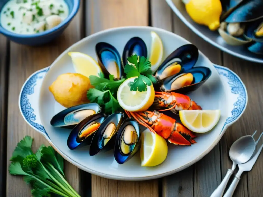 Delicias marinas de Bretaña: langosta, ostras y más Un festín marino en Bretaña: langosta, ostras, mejillones y camarones en una presentación elegante