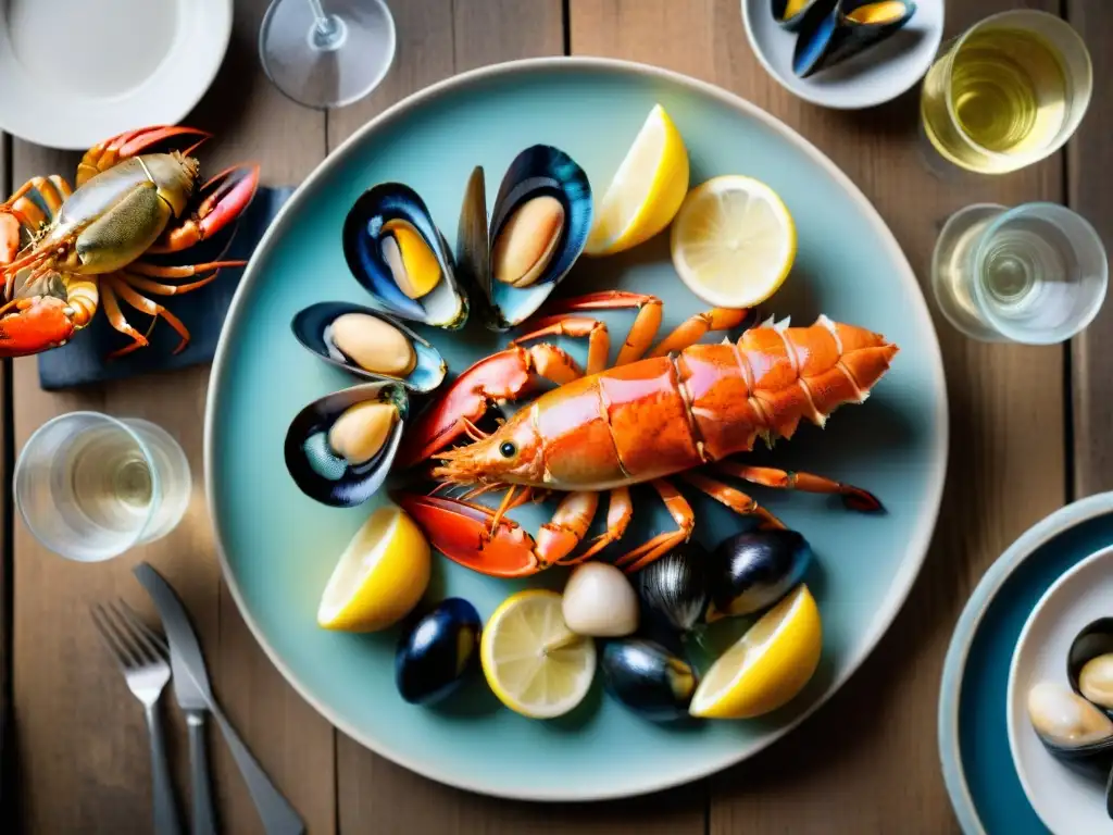 Un festín de mariscos frescos de Bretaña en una mesa rústica junto al mar