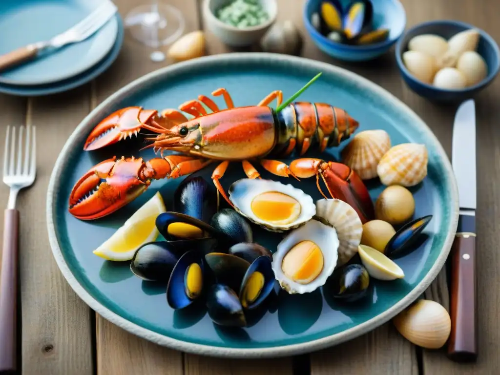 Un festín de mariscos tradicionales de Bretaña en detalle, con langosta, cangrejo, ostras, mejillones y vieiras frescos sobre mesa rústica