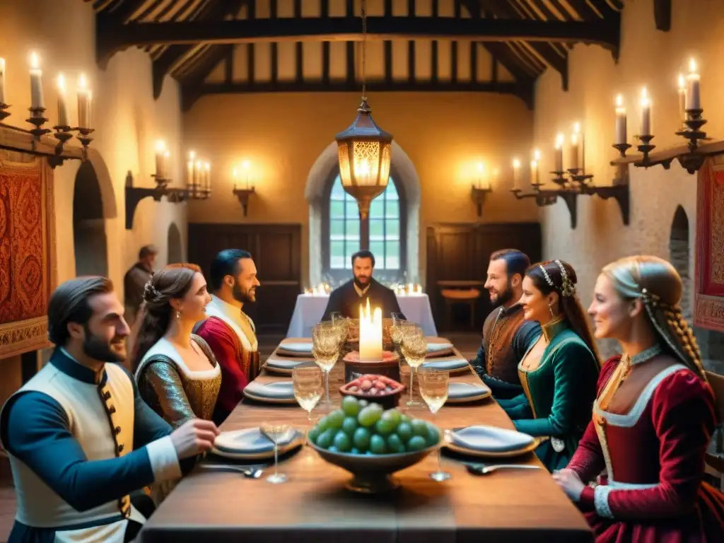 Un festín medieval francés con sabores tradicionales en un salón iluminado por velas