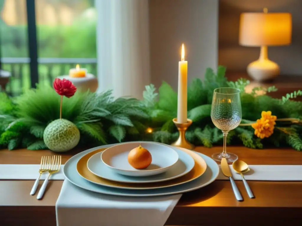 Un festín multicultural: mesa decorada con elegante vajilla francesa y flores vibrantes, en ambiente cálido de cocina francesa con influencia mundial