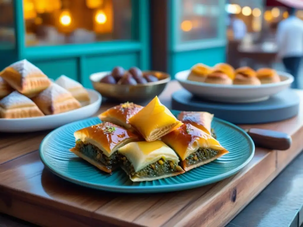 Un festín de postres árabes en Francia: baklava, knafeh y ma'amoul en un mercado francés al amanecer