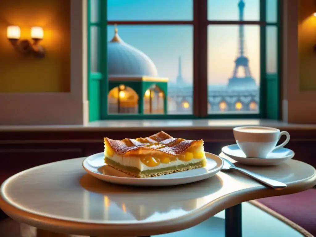 Un festín de postres árabes en Francia: baklava, knafeh y ma'amoul en una mesa de mosaico con luz cálida y acogedora