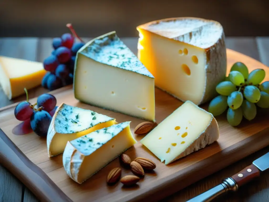 Un festín de quesos francés tradicional en Languedoc, con Roquefort, Camembert y Brie, baguettes, uvas y nueces