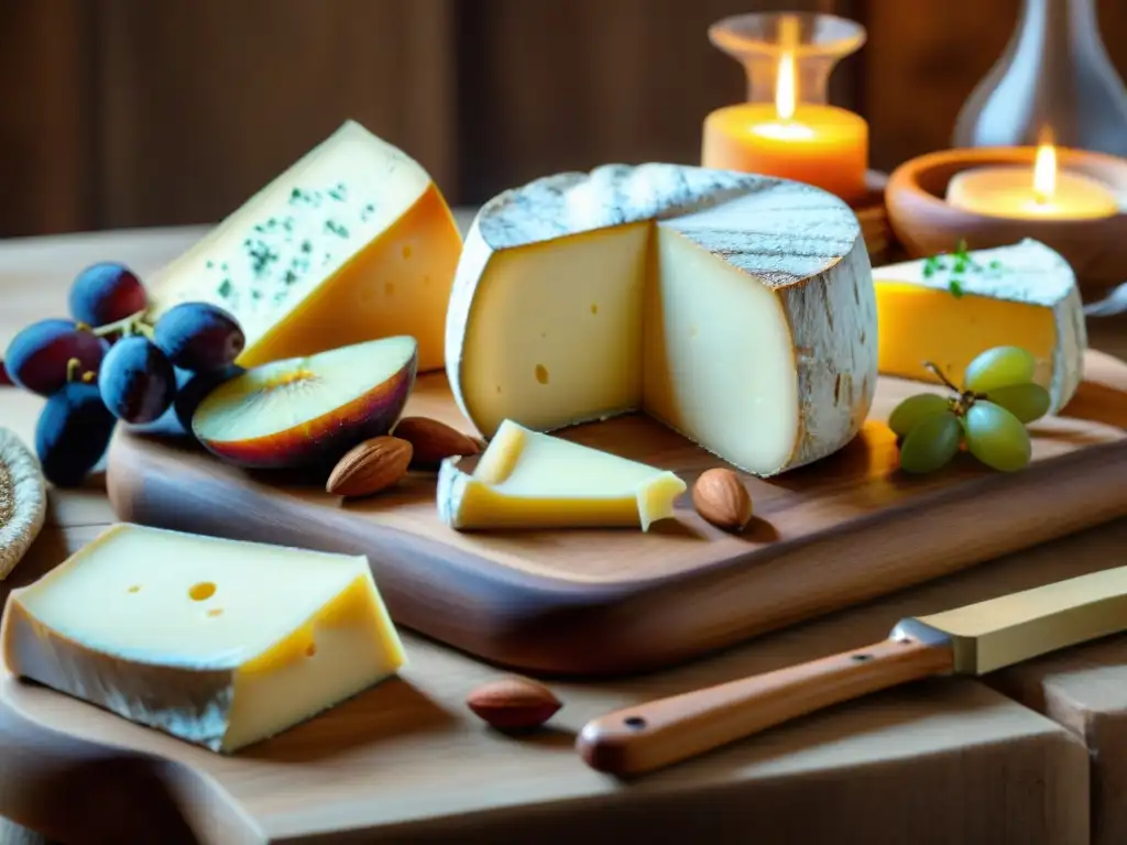 Un festín de quesos franceses en una mesa rústica, destacando el Camembert de Normandía tradicional