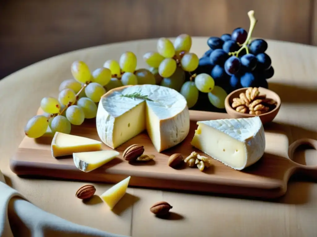 Un festín de quesos franceses para niños: Brie, Camembert, Comté y Roquefort con uvas, nueces y baguette en tabla de madera