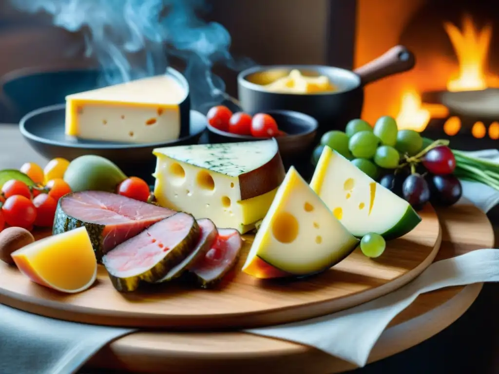 Un festín de raclette francés con quesos premium, embutidos, frutas y verduras, derretidos bajo el grill